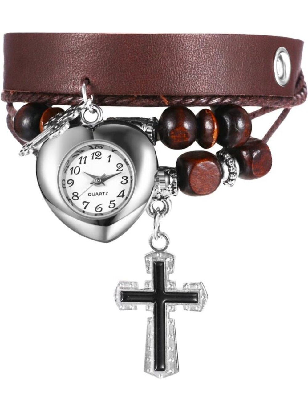 Women's Brown Analog Quartz Cross Bracelet Weave Wrap Around Leather Wrist Watch